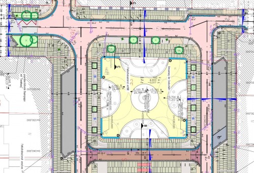 So soll der Kirchenvorplatz aussehen. Deutlich zu erkennen, der verbreiterte Fußweg an der Martin-Luther-Strraße und die schräg zur Fahrtrichtung angeordneten Stellflächen.