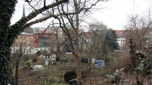 Kleingartensparte "Prießnitzaue" im Hintergrund das Stadtteilhaus.