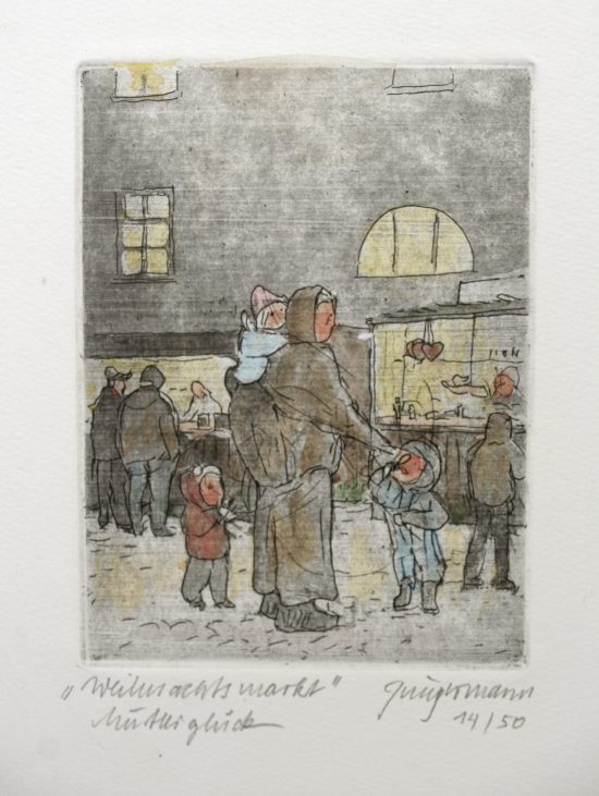 "Weihnachtsmarkt - Mutterglück" colorierte  Radierung 11,5 cm x 8,5 cm - Ulrich Jungermann