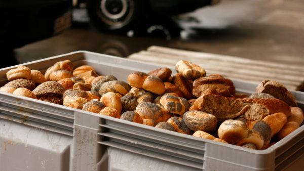 Die große Palette Brot und Brötchen wird an die Tiere verfüttert.