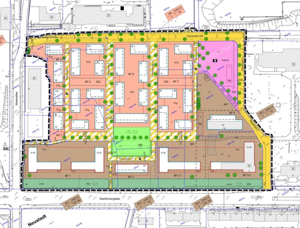 Plan für die Albertstadt Ost - die braunen Flächen sind Mischgebiete, die roten Wohngebiete, hellgrün ist der geplante Park und Pink die Fläche für die Schulen.