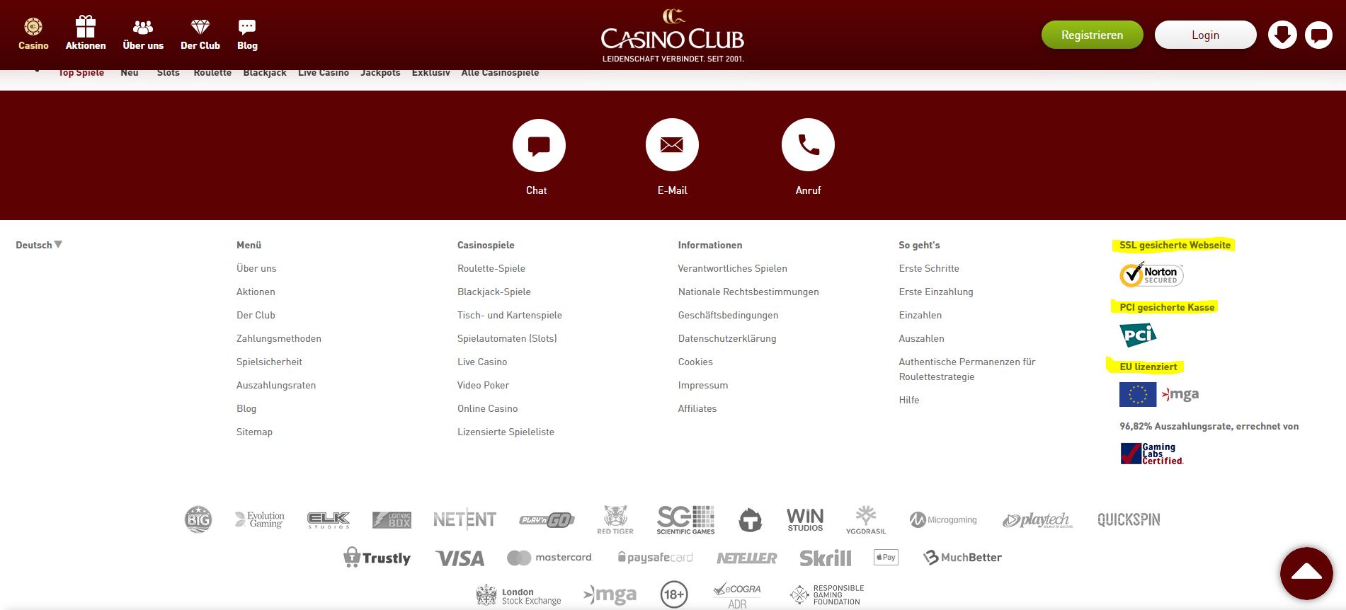 Der Footer des Online Anbieters CasinoClub.