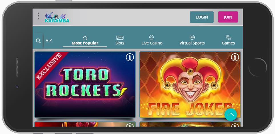 Die mobile Ansicht des Karamba Casinos.
