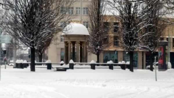 Der artesische Brunnen im Schneemantel.