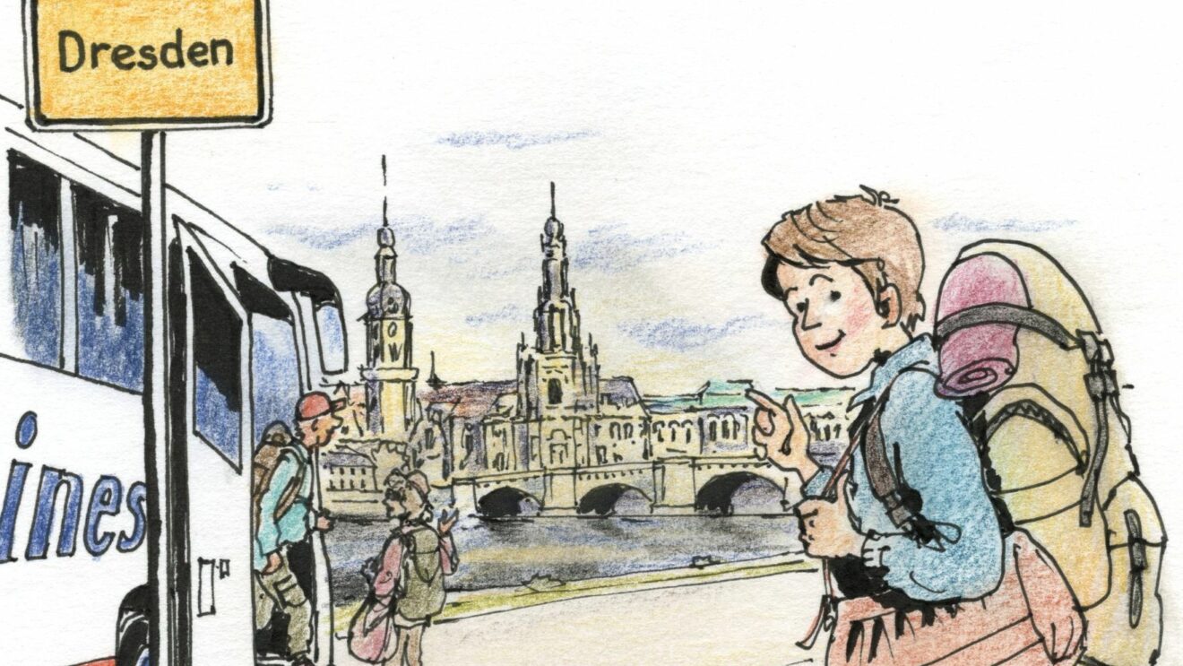 Peps auf dem Weg nach Dresden - Zeichnung: Jean-Pierre Deruelles