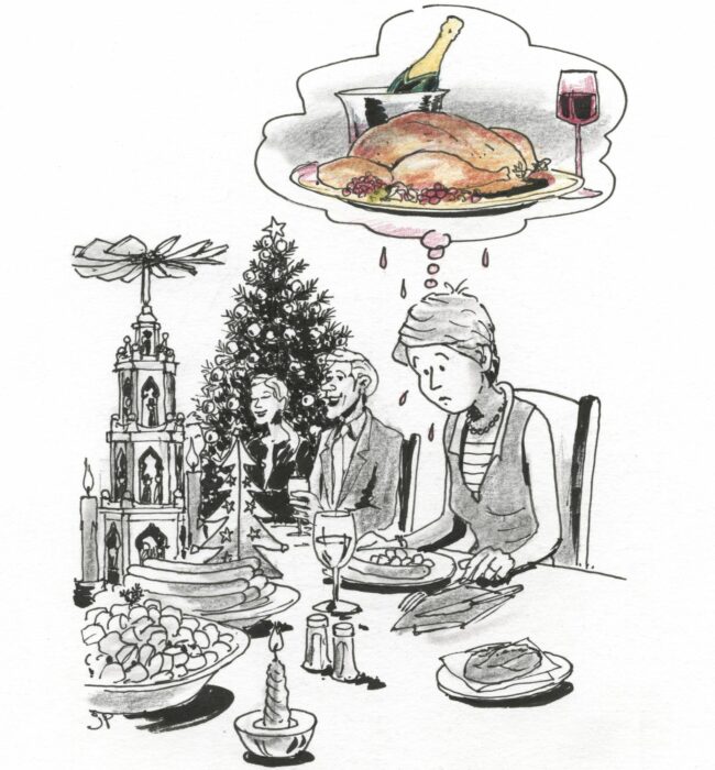 Wenn Peps an Heiligabend Würstchen isst. Zeichnung: Jean-Pierre Deruelles