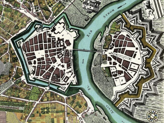 Karte von Dresden, um 1750 - die Innere Neustadt liegt hier im Innern der später geschleiften Festungsmauer