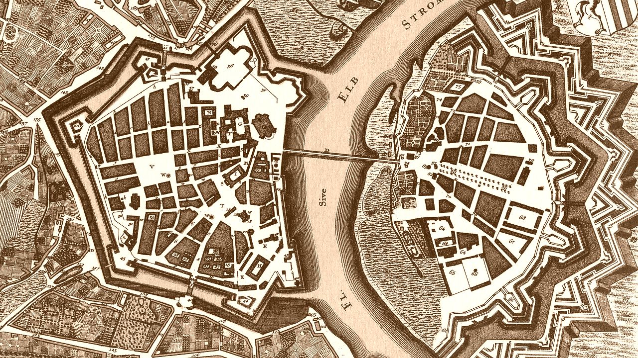 Karte von Dresden, um 1750 - die Innere Neustadt liegt hier im Innern der später geschleiften Festungsmauer