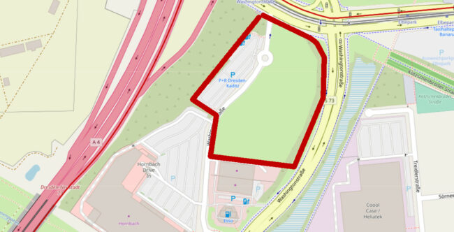 Auf dem rot markierten Areal sollen Zollamt, Lkw-Stellplätze und andere Gewerbe angesiedelt werden. Grafik: openstreetmap / W. Schenk
