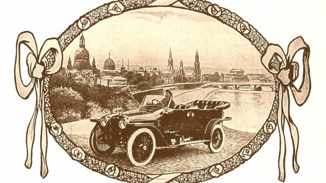 Ein Adler-Automobil am Elbufer - Reklame von vor 100 Jahren.