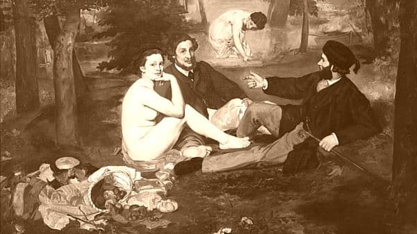 Picknick, Frühstück im Grünen, Ausschnitt Gemälde von Edouard Manet, 1863