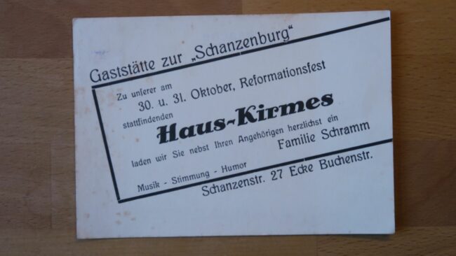Einladungskarte zum Haus-Kirmes der Gaststätte Schanzenburg
