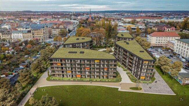 Die vier Gebäude mit den geschwungenen Fassaden lassen den Blick von der Villa Grumbt zur Elbe frei. Visualisierung: Knerer und Lang
