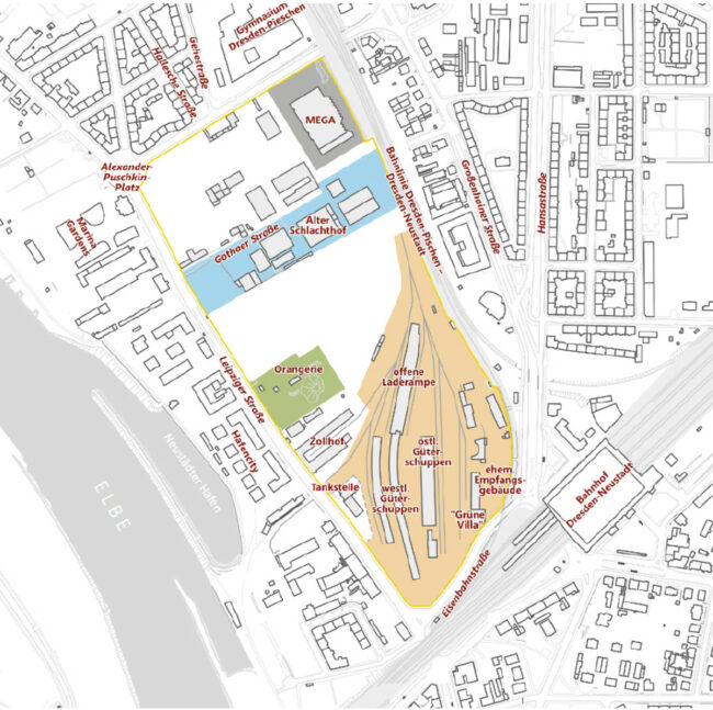 Lageplan: Areal Alter Leipziger Bahnhof mit Gleisharfe, Orangerie mit Villengarten, Eventspange, MEGA-Areal. © Landeshauptstadt Dresden