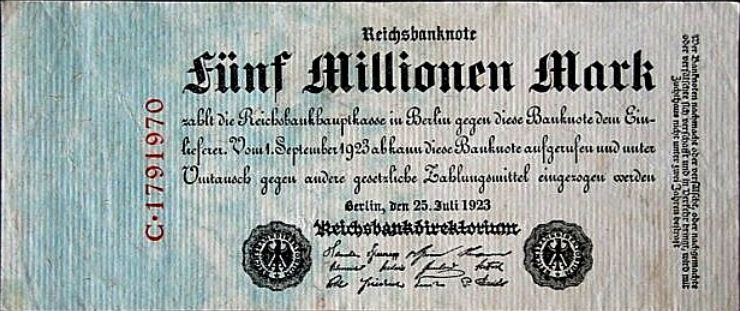 Fünf-Millionen-Mark-Schein vom Juli 1923.