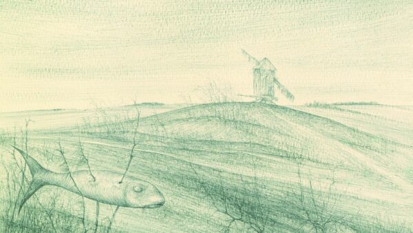 Roger Loewig: Im Flämingland auf meinem Hügel bin ich die alte Mühle ohne Wind, Graustift, 1970. Reproduktion: Kerstin Guckeland, Stadtarchiv Dresden