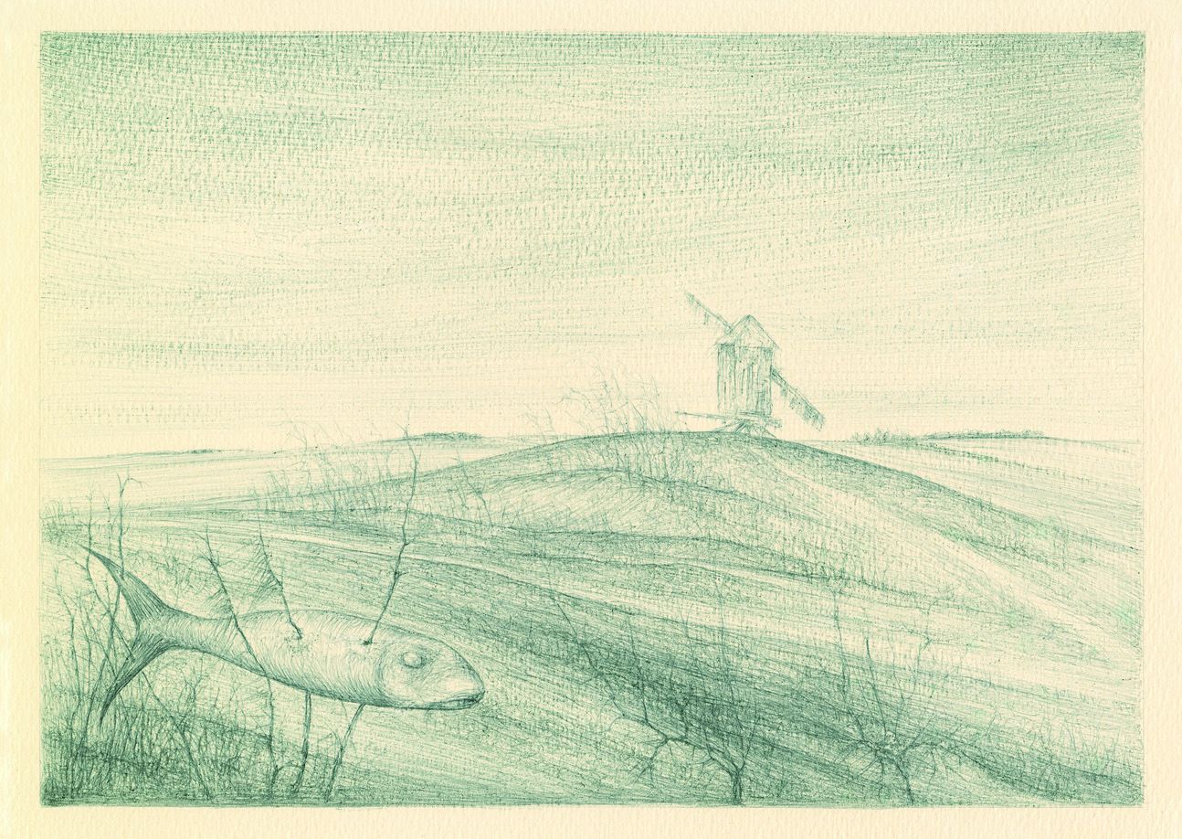 Roger Loewig: Im Flämingland auf meinem Hügel bin ich die alte Mühle ohne Wind, Graustift, 1970. Reproduktion: Kerstin Guckeland, Stadtarchiv Dresden
