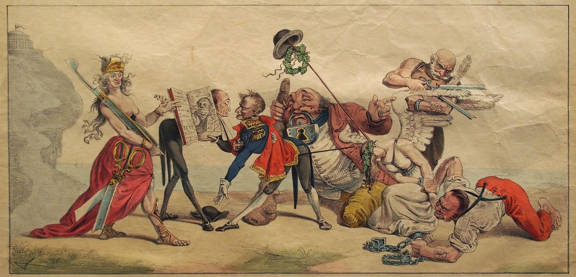 Der deutsche Michel in der Gewalt der Zensur, Karikatur von Johann Richard Seel, 1842