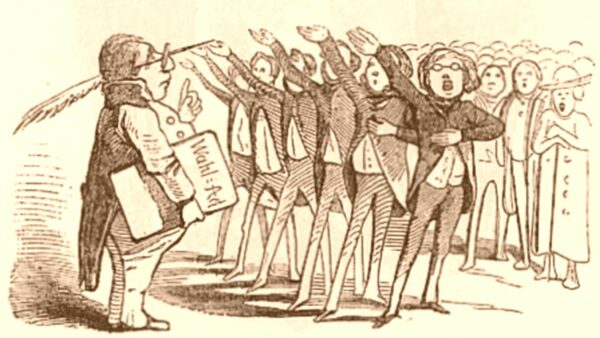 Kandidatenauswahl im Vormärz, Karikatur in der Leuchtkugel, München 1848