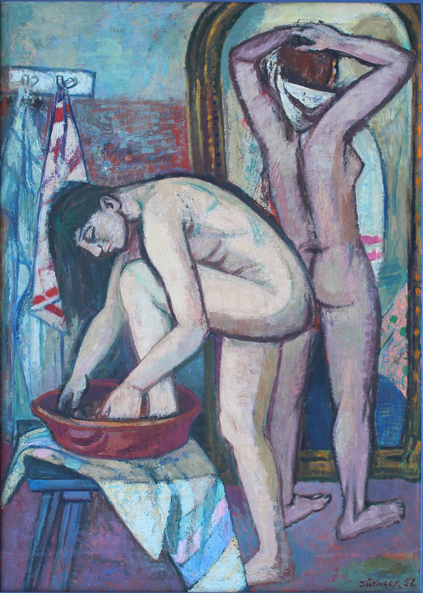 Hans Jüchser, 1894 -1977, Zwei Frauen bei der Toilette, 1957, Öl/Leinwand, sign., 116 x 83 cm