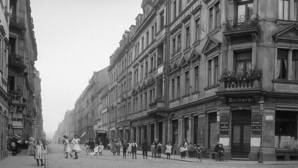 Ansicht der Louisenstraße/Ecke Kamenzer um 1900 - zeitgenössische Postkarte, digital aufgearbeitet.