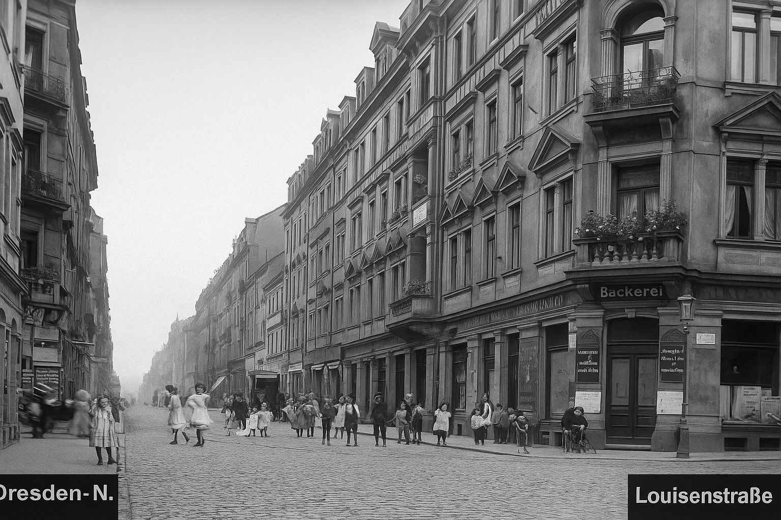 Ansicht der Louisenstraße/Ecke Kamenzer um 1900 - zeitgenössische Postkarte, digital aufgearbeitet.