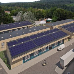 Die neuen Hallen im Industriegelände entstehen ab Januar in Holzbauweise. Visualisierung: Atelier Lauströer Richter Architekten