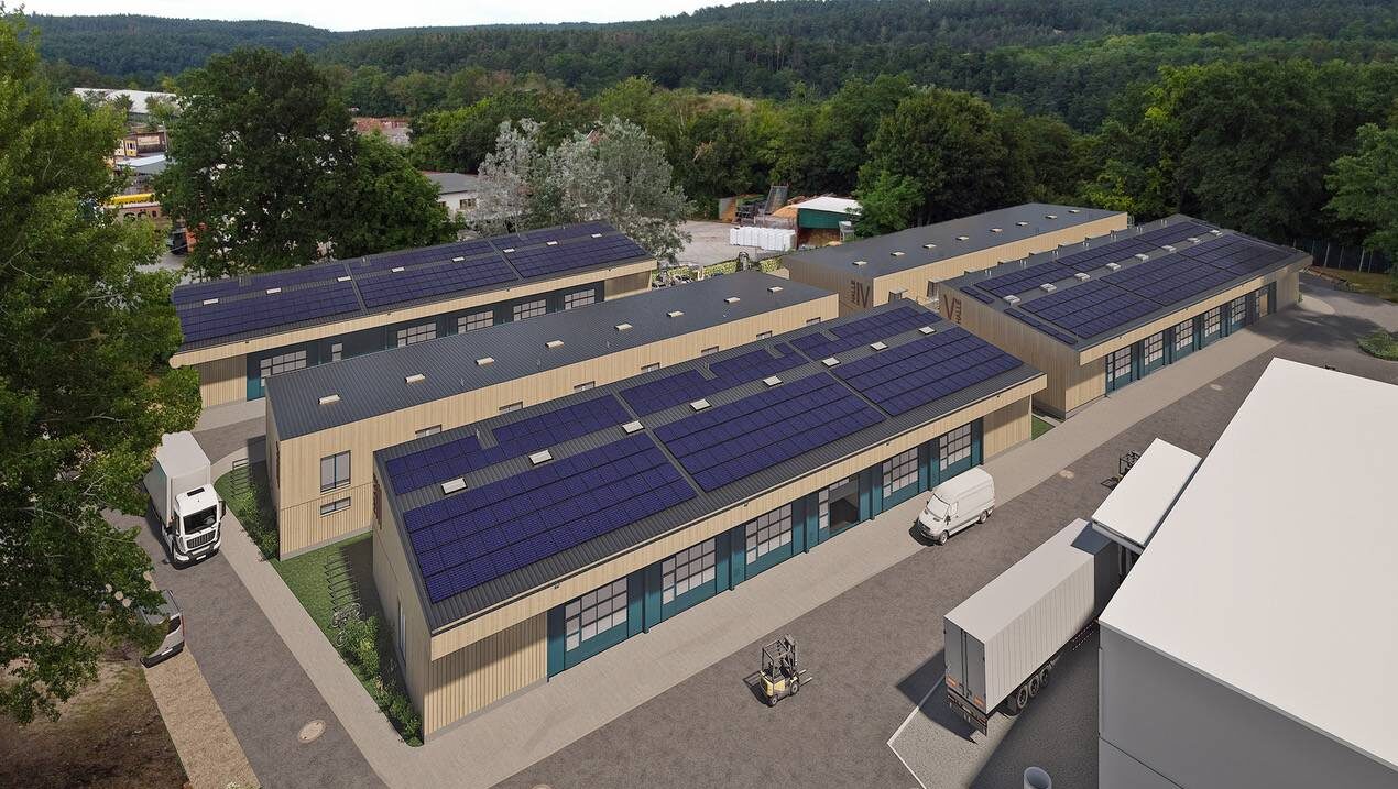 Die neuen Hallen im Industriegelände entstehen ab Januar in Holzbauweise. Visualisierung: Atelier Lauströer Richter Architekten