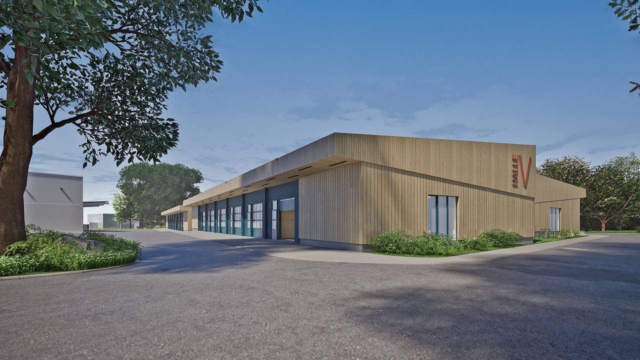 Die neuen Hallen im Industriegelände entstehen ab Januar in Holzbauweise. Visualisierung: Atelier Lauströer Richter Architekten