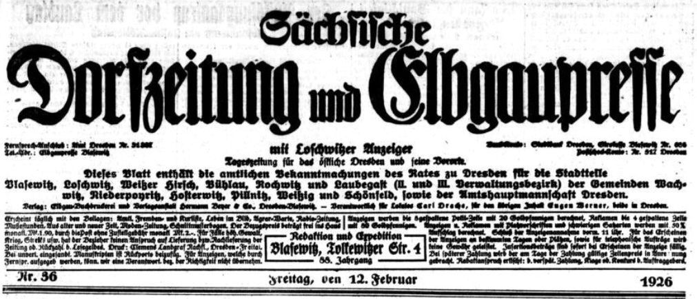 Sächsische Dorfzeitung und Elbgaupresse vom 12. Februar 1926