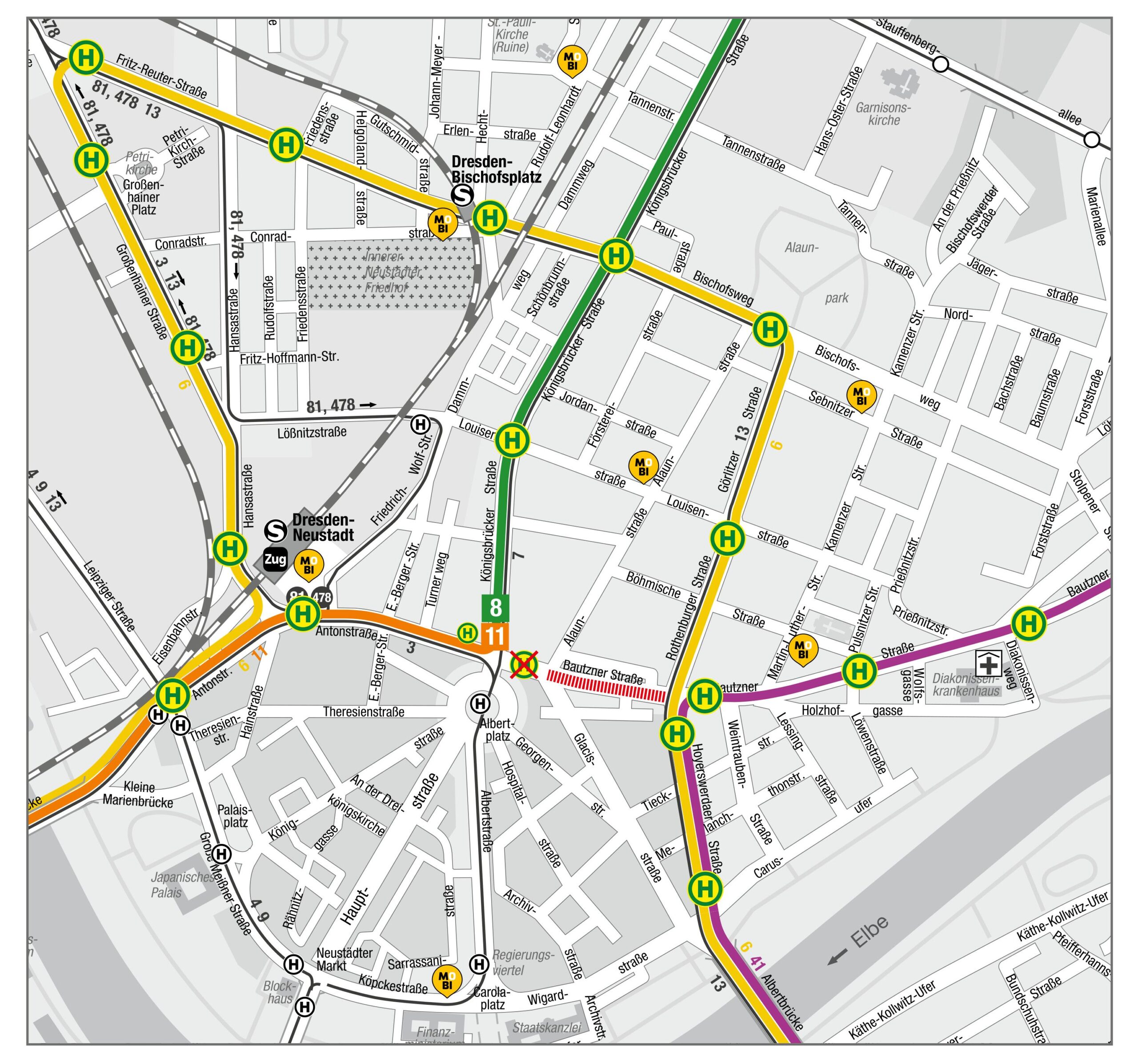 Linienführung der Dresdner Verkehrsbetriebe während der Bauarbeiten - Grafik: DVB