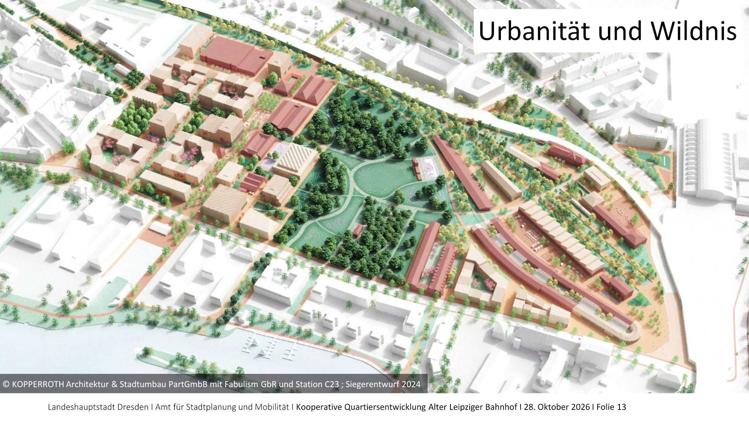 Urbanität und Wildnis - so stellen sich die Planer das künftige Gebiet zwischen Eisenbahn- und Erfurter Straße vor. Visualisierung: KOPPERROTH Architektur & Stadtumbau PartGmbB mit Fabulism GbR und Station C23